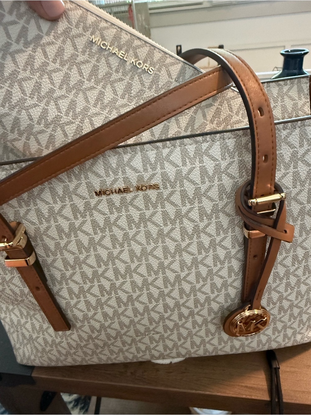 Michael Kors Beige and Brown Signature MK Tote and matching wallet. NEW $300